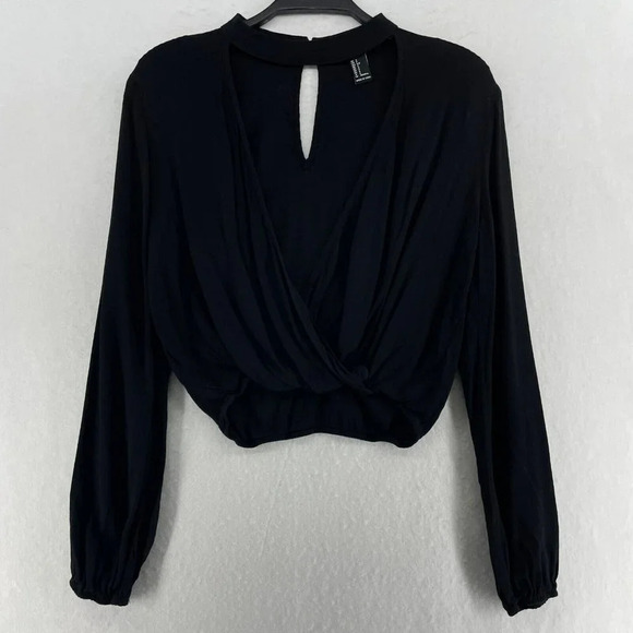 Forever 21 Blouse Womens S Black Pullover Draped V-Neck Knot Hem Keyhole Back - Picture 1 of 11